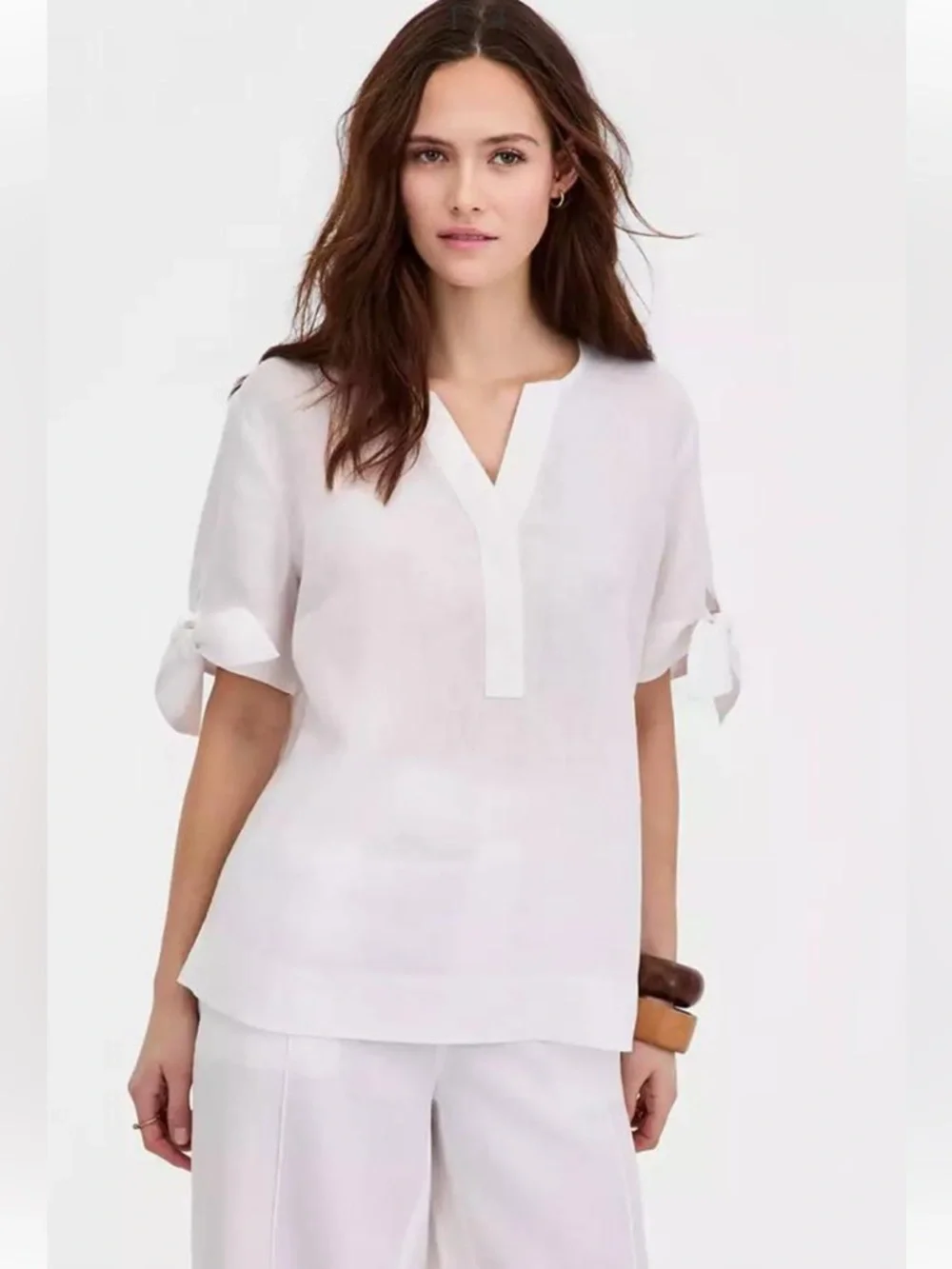 New 100% Linen Charter Club White V-Neck Tie Sleeve Bow Blouse Size S - Picture 2 of 8